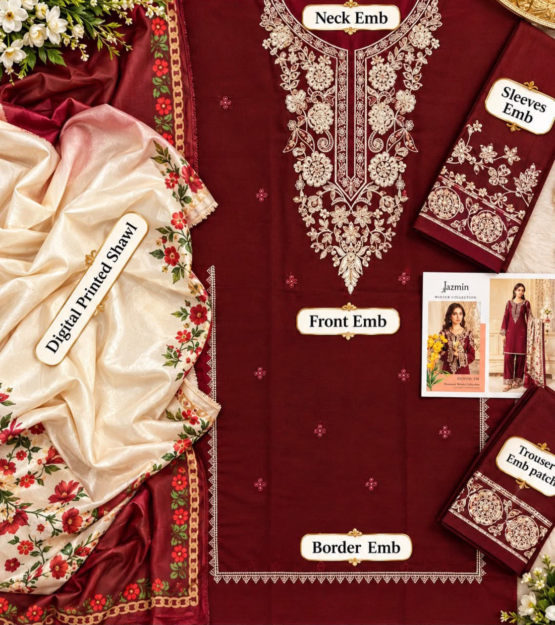 Winter Collection 2026 – 3PC Embroidered Dhank Suit with Digital Printed Shawl