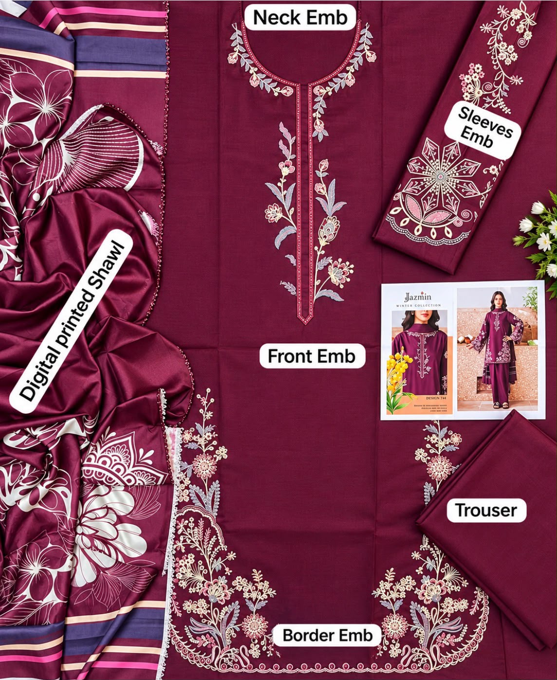 03PC Embroidered Dhank Suit with Digital Printed Shawl
