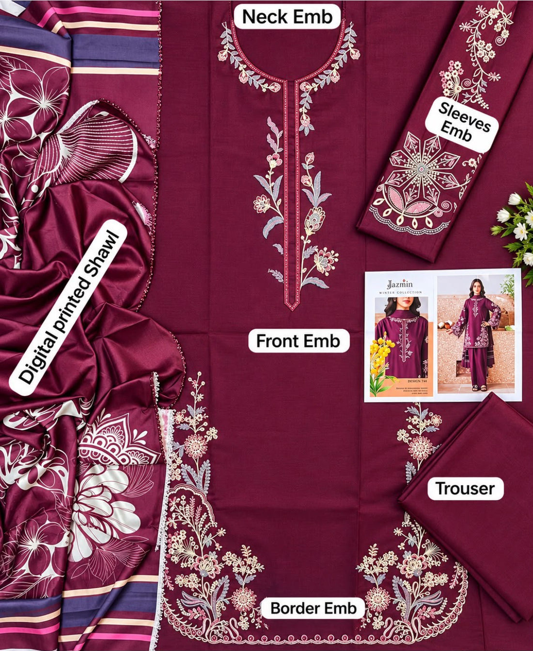 03PC Embroidered Dhank Suit with Digital Printed Shawl
