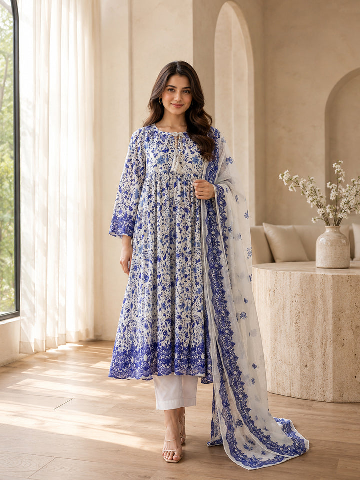 Digital Printed Doria Lawn Frock 3pc Dress