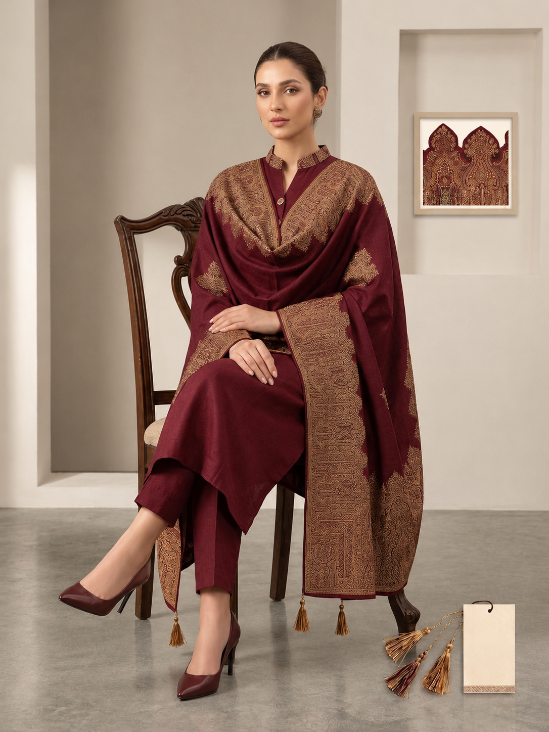 Luxury Maroon Embroidered Winter Suit