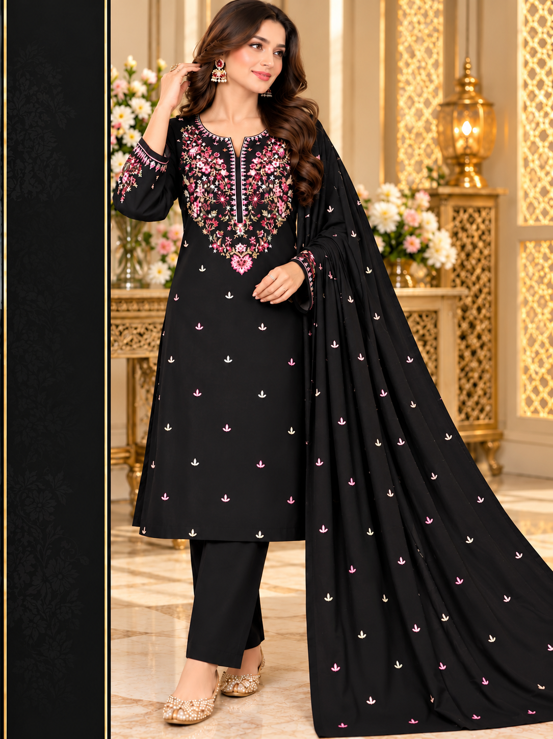 Black Elegance Embroidered 3-Piece Suit