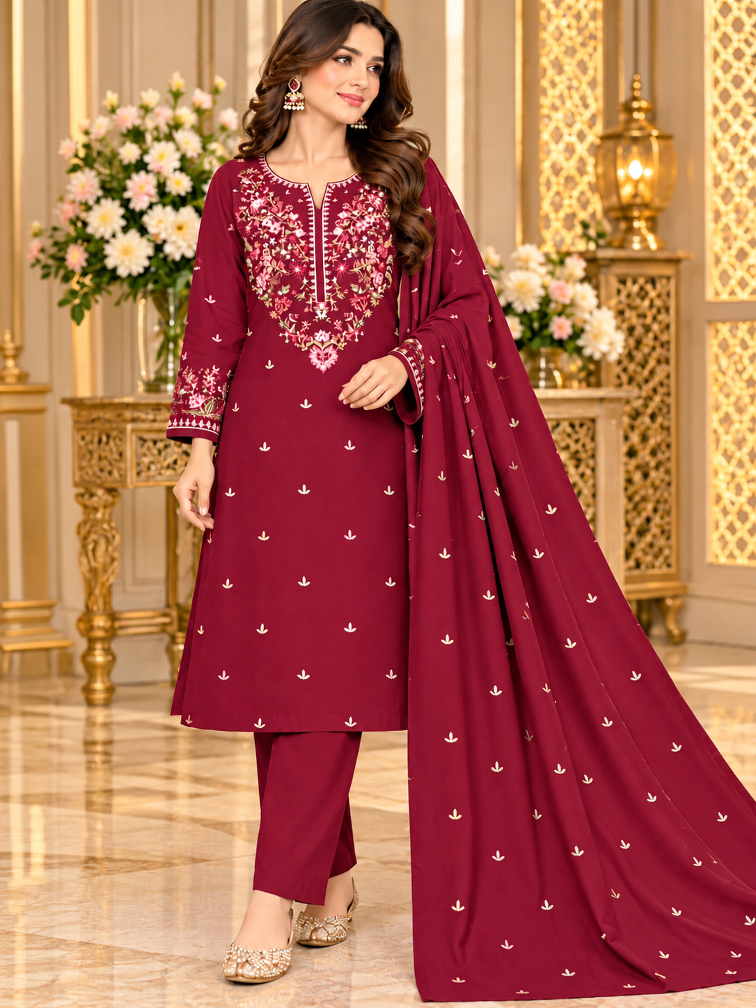 Elegant Maroon Embroidered 3-Piece Suit
