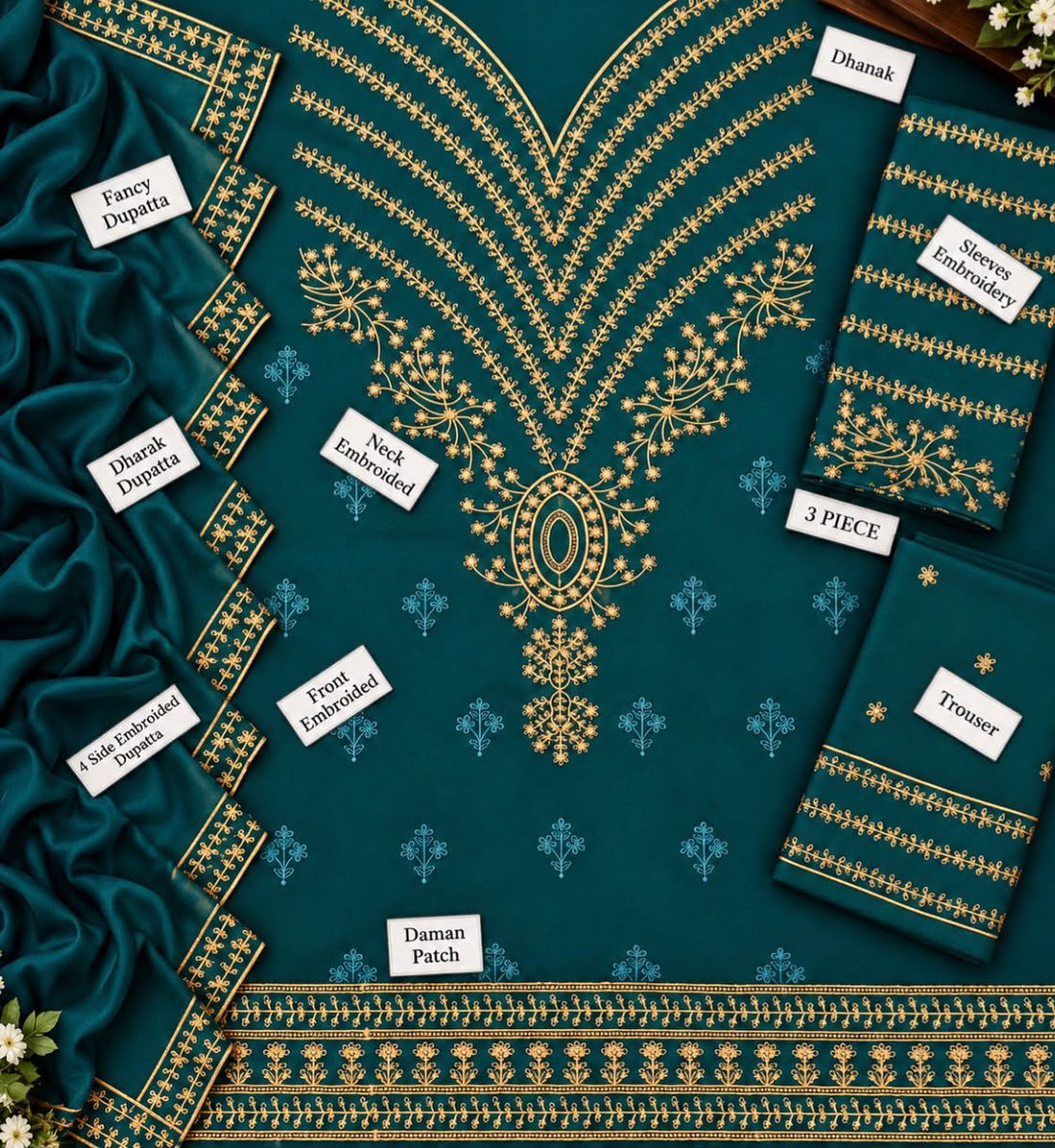 Winter Collection 2026 – 3PC Embroidered Dhank Suit with 4-Side Embroidered Shawl