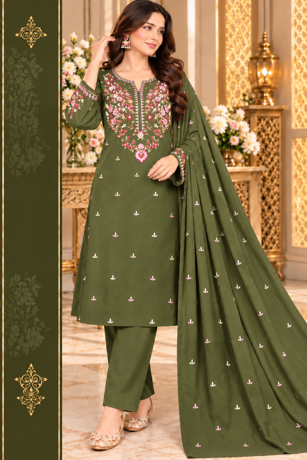 Olive Bloom Embroidered Suit