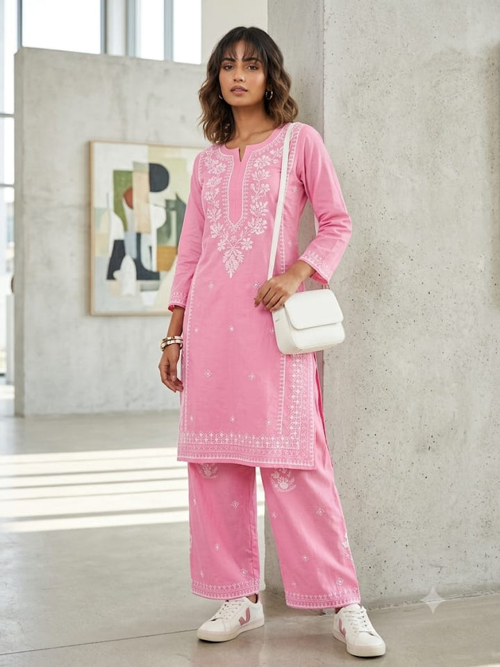 Elegant Pink Embroidered 2- Piece Suit