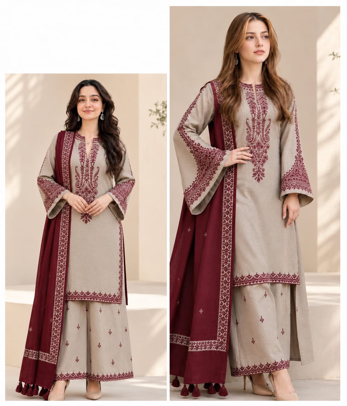 Royal Maroon Embroidered 3-Piece