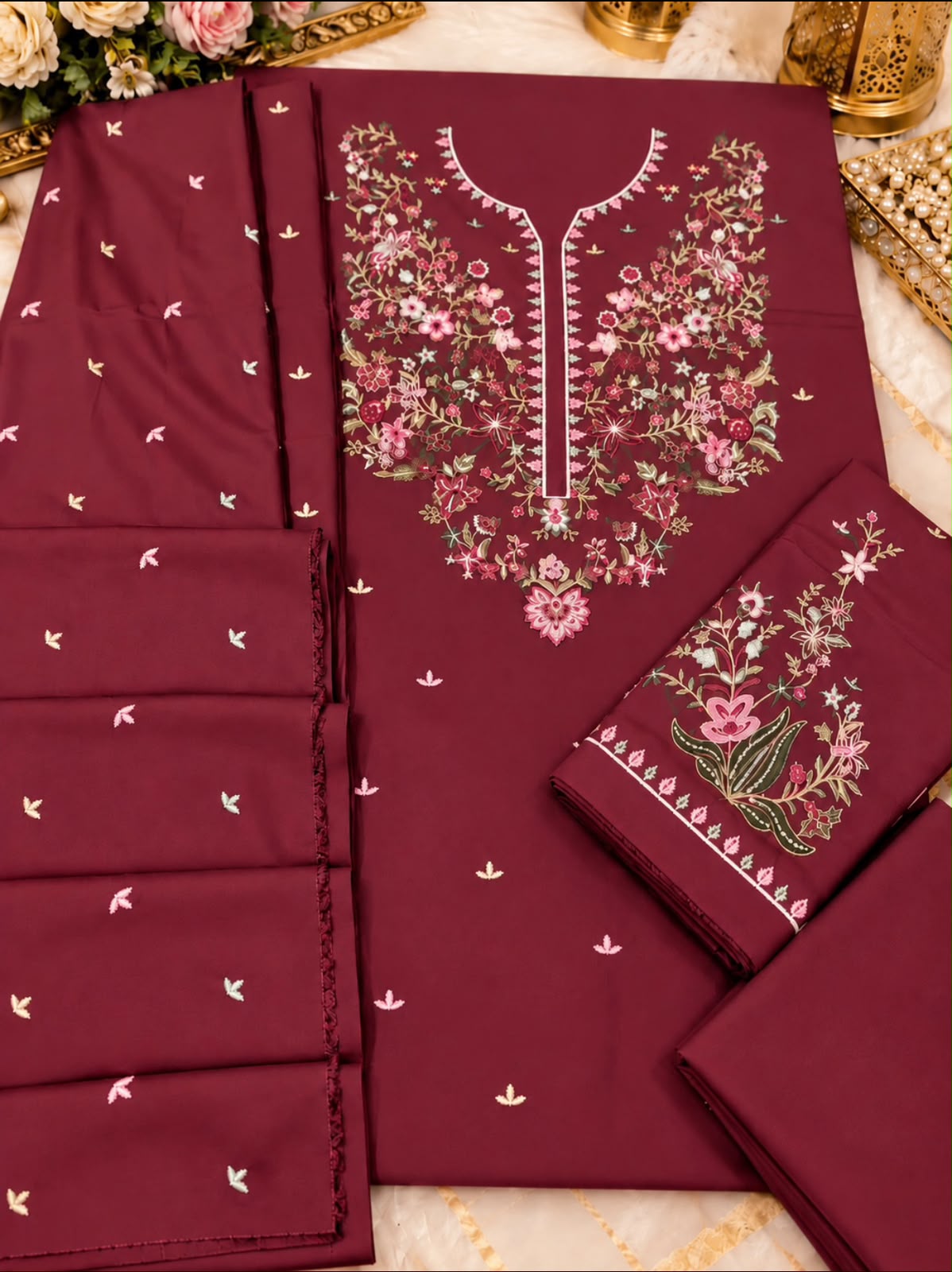 Elegant Maroon Embroidered 3-Piece Suit