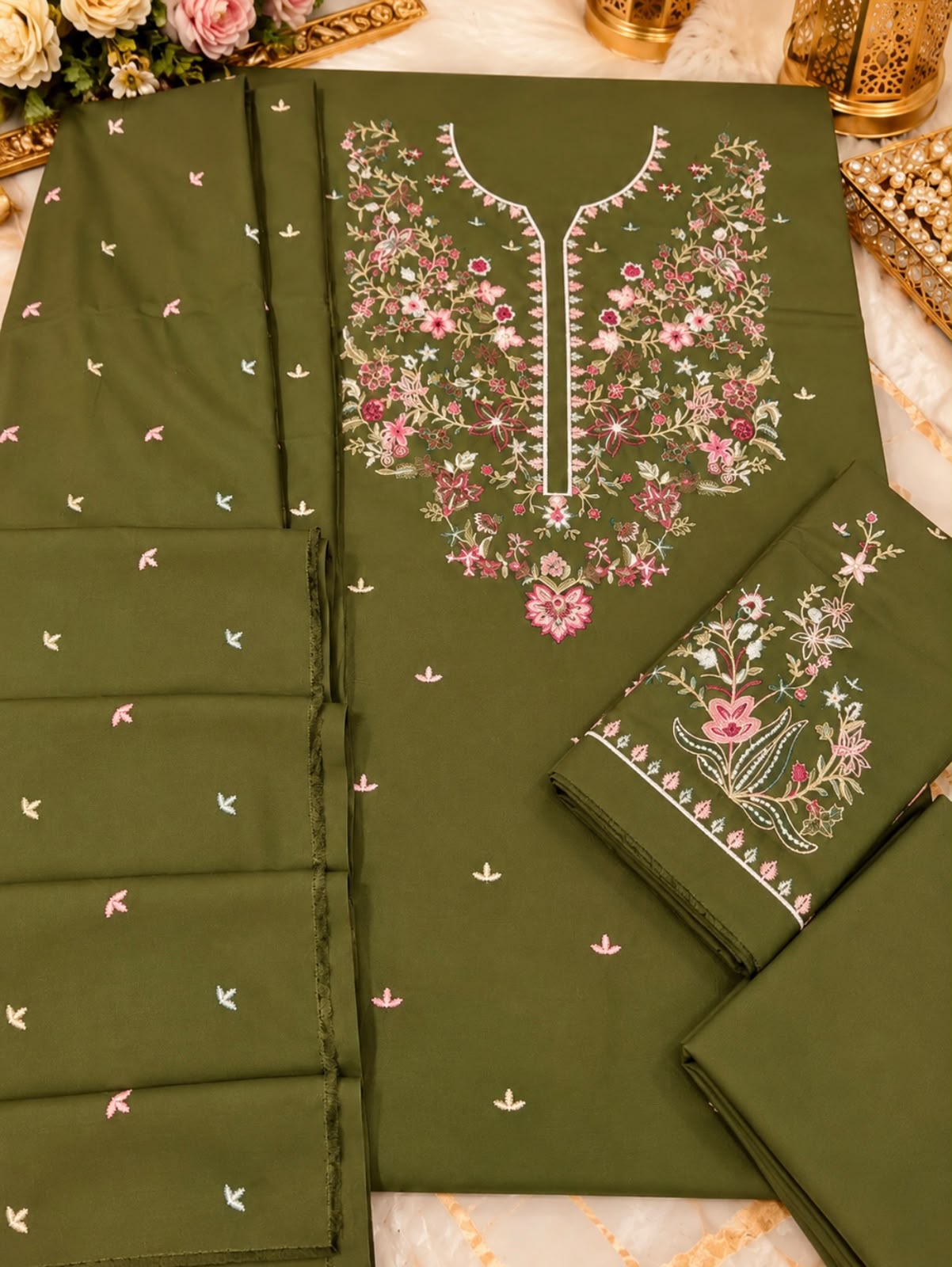 Olive Bloom Embroidered Suit