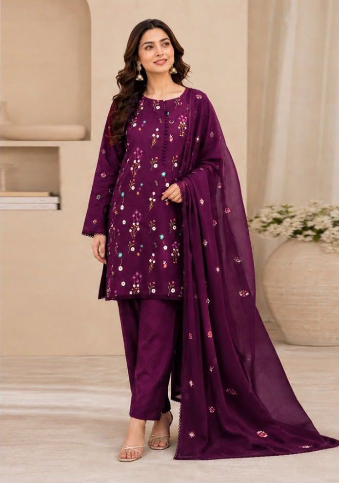 03PC Embroidered Dhank Suit with Digital Printed Shawl