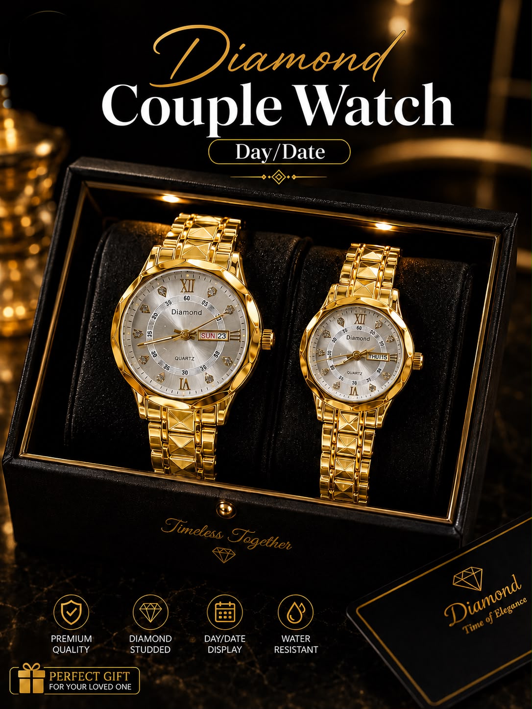 Diamond Collection Couple Watch (Bright Gold)