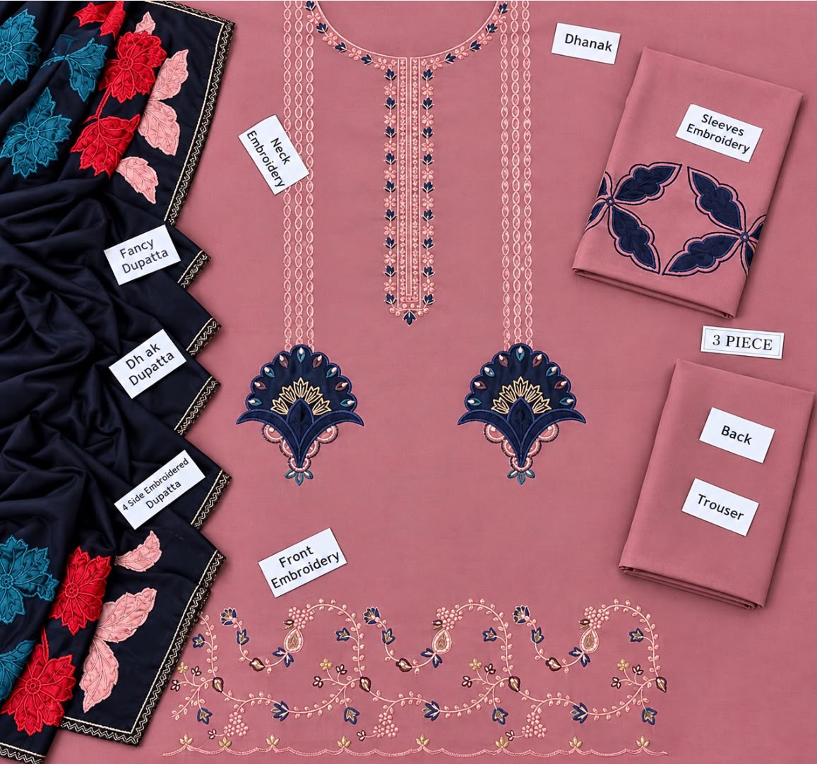 Premium Dhank Embroidered 3-Piece Suit