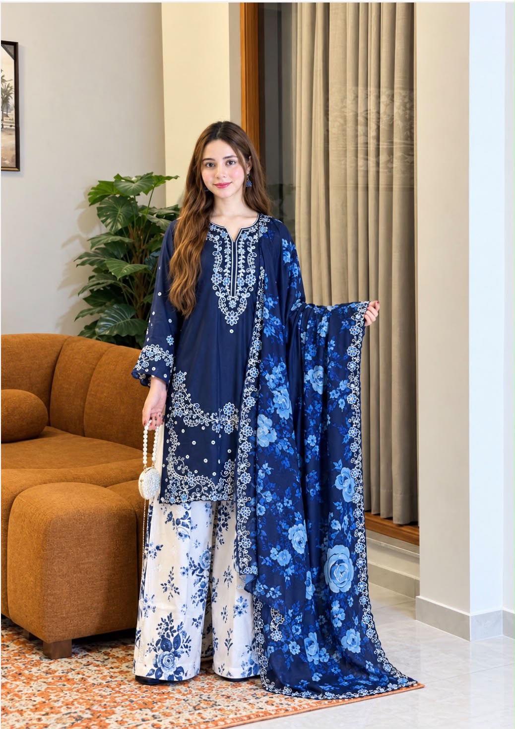 Embroidered Dhank 3-Piece Suit with Digital Printed Shawl