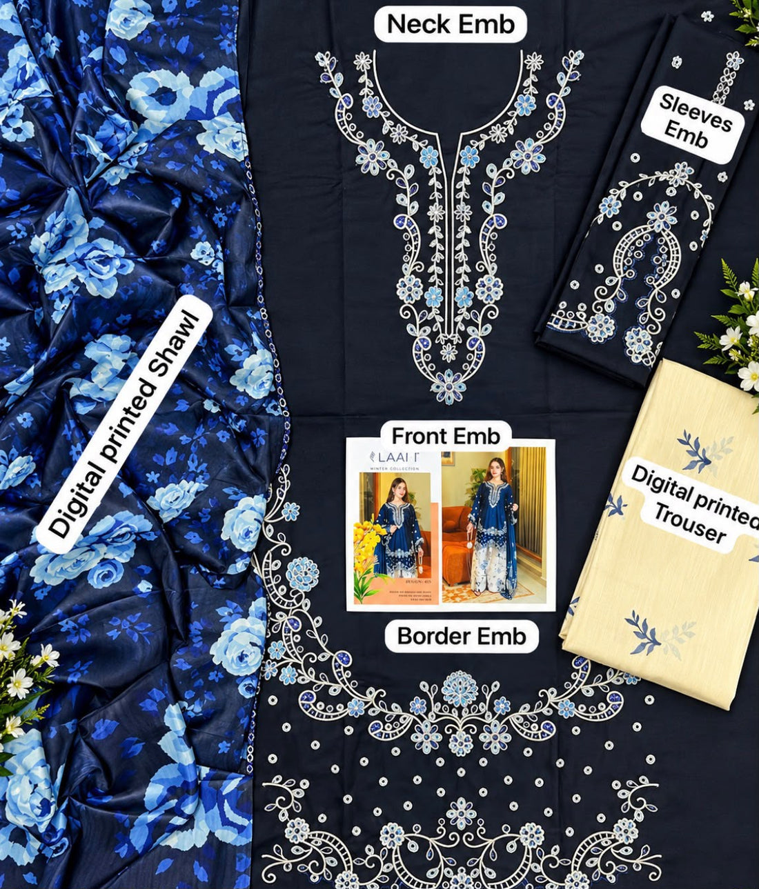 Embroidered Dhank 3-Piece Suit with Digital Printed Shawl