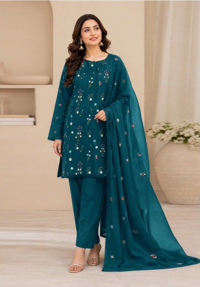 Winter Collection 2026 – 3PC Unstitched Embroidered Dhank Suit with Ready-to-Wear Shawl(Teal)