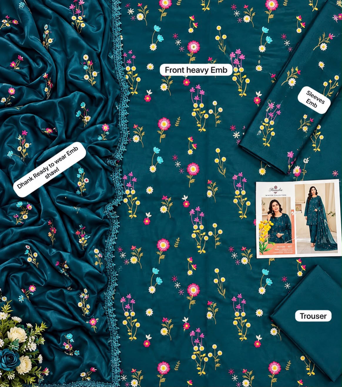 Winter Collection 2026 – 3PC Unstitched Embroidered Dhank Suit with Ready-to-Wear Shawl(Teal)